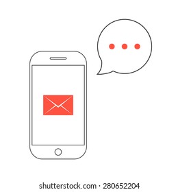 black outline smartphone with speech bubble and red envelope. concept of messaging, correspondence, texting, chatting. isolated on white background. flat style trend modern design vector illustration