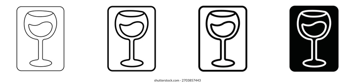Black outline and solid glyph icons set of a wine glass filled with liquid, symbolizing beverage service in a restaurant, bar, or liquor establishment menu vector