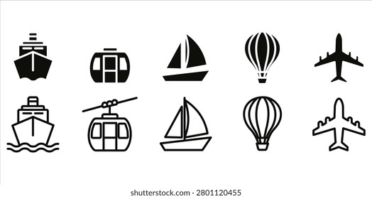 Black outline and solid silhouette icons set featuring ships cable cars sailboats hot air balloons and airplanes representing travel tourism and transportation vector illustration
