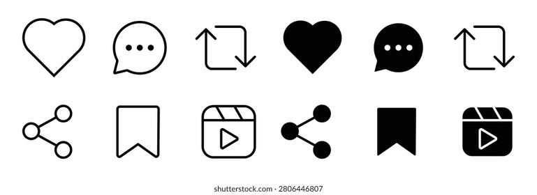 Black outline and solid social media interface symbols showing reactions conversations content sharing saving and video playback actions for mobile apps websites and digital communication designs