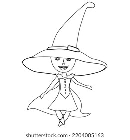 Black outline of sorceress in dress and cloak with big witches hat isolated on white background. Vector design element.