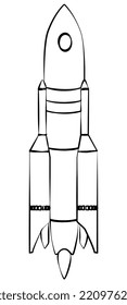 Schwarze Umrissrakete mit Flammen aus Düsen einzeln auf Weiß. Vectordesign-Element.
