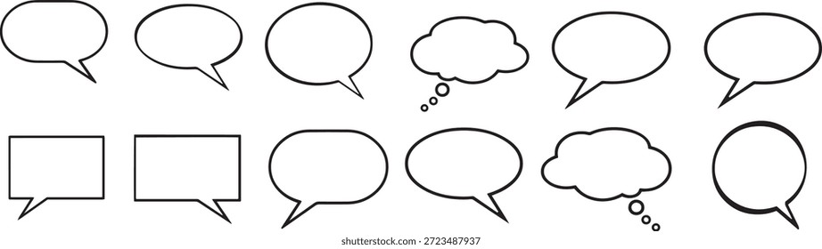 Ícones de balão de fala de contorno preto definidos para design de comunicação. Símbolos mínimos de diálogo de linha para conceitos de bate-papo, mensagens e conversa. Ideal para interface do usuário, Web, aplicativos e infográficos.
