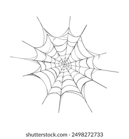 Black outline spider web on a white isolated  background. Gothic decorative element clipart useful for Halloween party decoration, hand drawn image, cartoon
