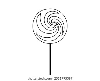 Black outline of a spiral lollipop candy on a white background. Concept of sweet treat, confectionery, simple illustration, minimalist style. Icon, design element, candy shop decor, coloring page