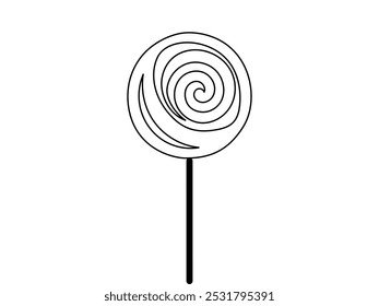 Schwarzer Umriss einer Lolli-Süßigkeit auf weißem Hintergrund. Konzept der süßen Leckerei, Süßwaren, einfache Illustration, minimalistischen Stil. Symbol, Design-Element, Dekor des Süßwarenladens, Malvorlage