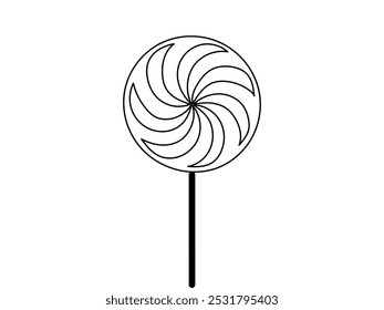 Black outline of a spiral lollipop candy on a white background. Concept of sweet treat, confectionery, simple illustration, minimalist style. Icon, design element, candy shop decor, coloring page