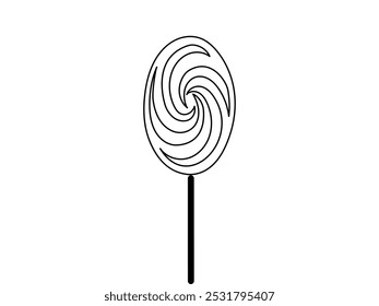 Schwarzer Umriss einer Lolli-Süßigkeit auf weißem Hintergrund. Konzept der süßen Leckerei, Süßwaren, einfache Illustration, minimalistischen Stil. Symbol, Design-Element, Dekor des Süßwarenladens, Malvorlage