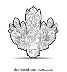 black outline Sri Lankan devil dancing mask with peacock vector drawing