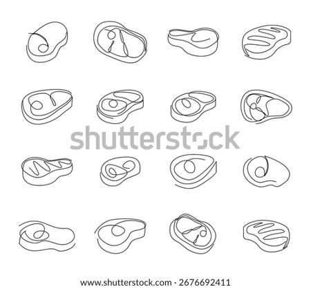 Black outline of steak pieces set, minimalist style. Single continuous line drawing. Ideal for restaurant, meat industry or food blog design.