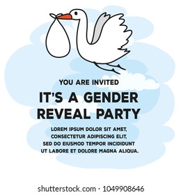 Black Outline Stork Gender Reveal Invitation with clouds. Template for party.