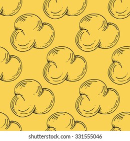 Black Outline Stroke Clouds Pattern on Yellow Background - Hand Drawn Doodle Seamless Surface Pattern Design - Vector Illustration
