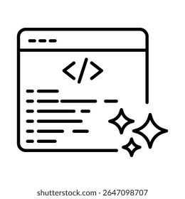 Estilo de contorno preto do ícone de código gerado pelo AI. Geração de código, Programação automatizada, Desenvolvimento de software, Ferramentas de IA, Aprendizagem de máquina, Programação digital.Ícone de estrutura de tópicos.