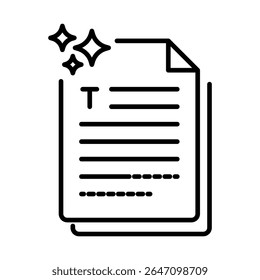 Estilo de contorno preto do ícone de texto gerado pelo AI. Criação Automatizada de Conteúdo, Geração de Texto, Automação de Escrita, Tecnologia de IA, Conteúdo Digital, Processamento Natural de Linguagem.Ícone do Outline.