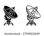 Black and outline style satellite dish vector icon isolated on white background. space communication antenna receiver.