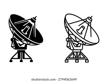 Black and outline style satellite dish vector icon isolated on white background. space communication antenna receiver.
