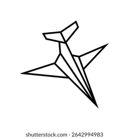 Black outline of a stylized angular airplane design on a white background, representing simplicity and flight.