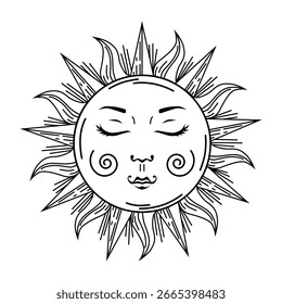 Black outline of the sun with rays. Sun with a retro-style face. Vector illustration isolated on a white background for design and web.