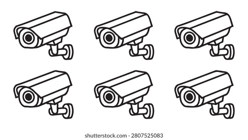 Black outline surveillance camera set on transparent background perfect for security web icons and digital interface.