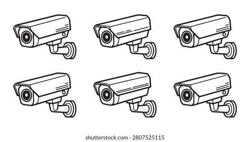 Black outline surveillance camera set on transparent background perfect for security web icons and digital interface.