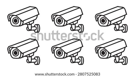 Black outline surveillance camera set on transparent background perfect for security web icons and digital interface.
