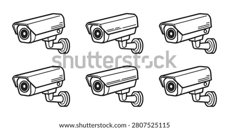 Black outline surveillance camera set on transparent background perfect for security web icons and digital interface.