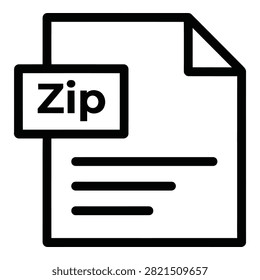 Black outline symbol of a document with the word Zip indicating compressed data files. Simple digital icon for software interfaces and websites.