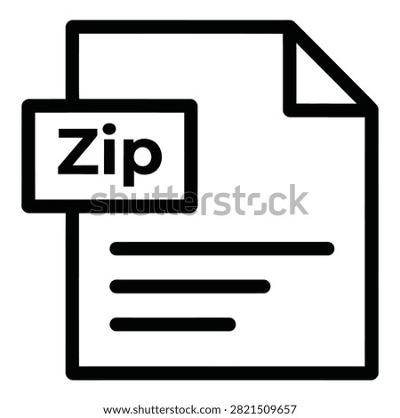 Black outline symbol of a document with the word Zip indicating compressed data files. Simple digital icon for software interfaces and websites.