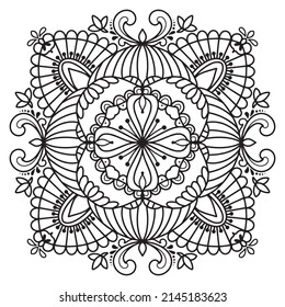 Black outline symmetry mandala. decorative element for coloring book. geometric square pattern. Vector illustration.
