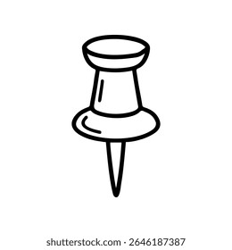Black outline of a tack or push pin. It is a hand-drawn, minimalist style vector doodle perfect for use as an icon or graphic element