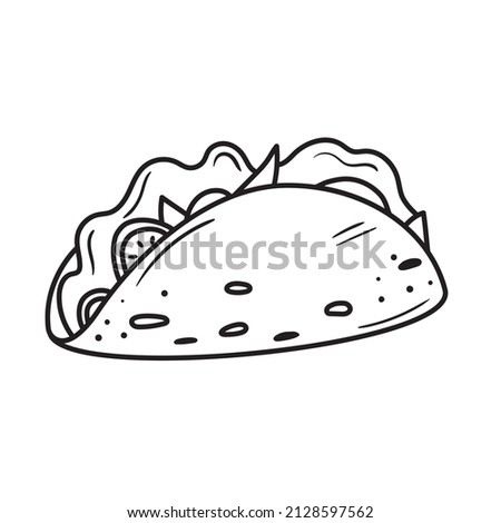 Black outline taco icon. Doodle silhouette of traditional mexican meal. Hand drawn fast food drawing. Vector illustration