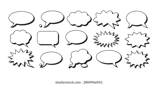 Black outline talk clouds with volumetric shadow, expressive dialogue boxes for graphic novel illustrations.