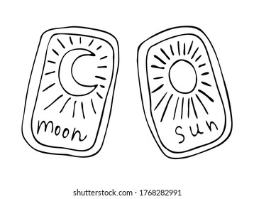 Black outline tarot cards with sun and moon. Vector graphic illustration isolated on whitebackground.