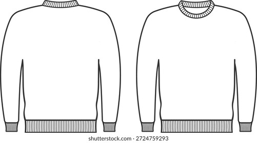 Dibujo técnico de contorno negro de una sudadera en blanco con vistas frontales y traseras. Ilustración mínima simple ideal para pisos de moda, diseño de ropa, marca, Impresión a la carta y ropa