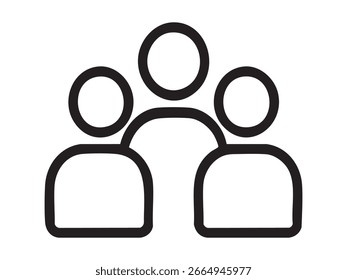 Black outline of three stylized human figures isolated on white background, graphic illustration. concept of people, community, group, teamwork, icon, logo, social interaction.
