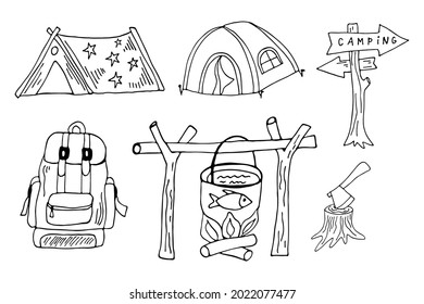 Black outline tourist tent, firewood, bonfire, backpack, ax on white background. Hand drawing camping vector illustrations. Hiking doodles.