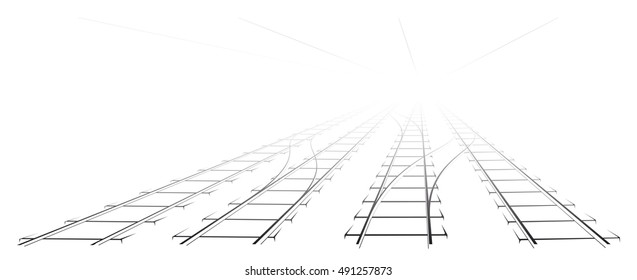 Black Outline of tracks, sleepers and turnouts at the station. The image a perspective.