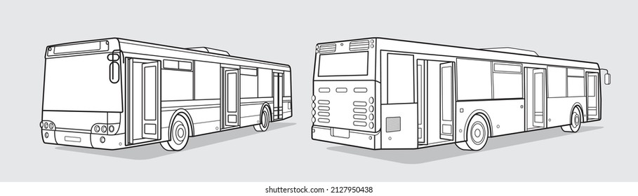 Black outline transport illustration, bus front and back image on white background. Vector design object