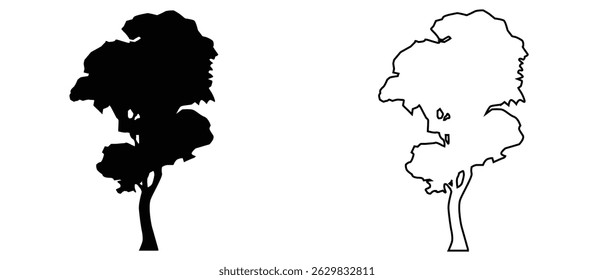 black and outline tree illustration, suitable for nature themed drawing and learning to color, vector, on white background.