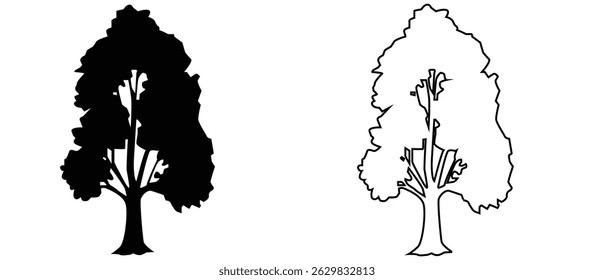 black and outline tree illustration, suitable for nature themed drawing and learning to color, vector, on white background.