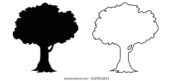 black and outline tree illustration, suitable for nature themed drawing and learning to color, vector, on white background.