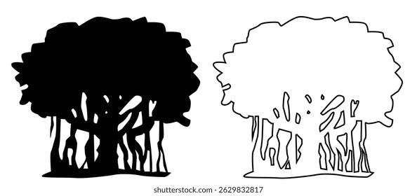 black and outline tree illustration, suitable for nature themed drawing and learning to color, vector, on white background.