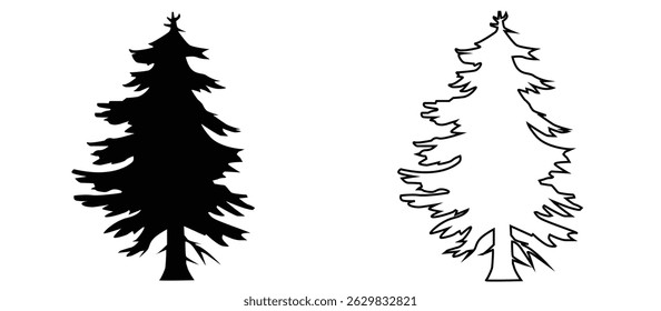 black and outline tree illustration, suitable for nature themed drawing and learning to color, vector, on white background.