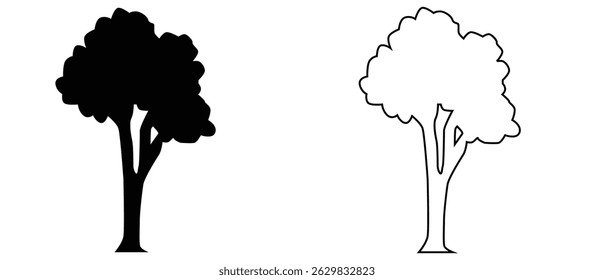 black and outline tree illustration, suitable for nature themed drawing and learning to color, vector, on white background.