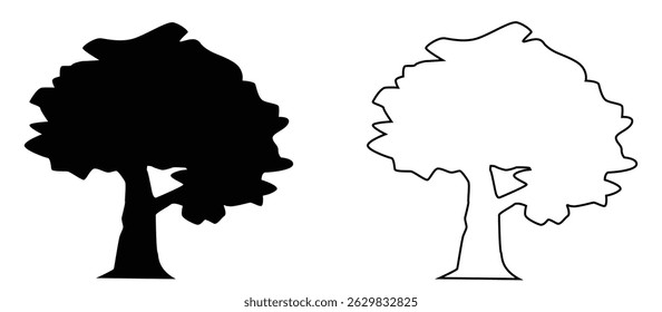black and outline tree illustration, suitable for nature themed drawing and learning to color, vector, on white background.