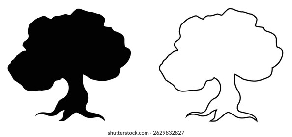 black and outline tree illustration, suitable for nature themed drawing and learning to color, vector, on white background.