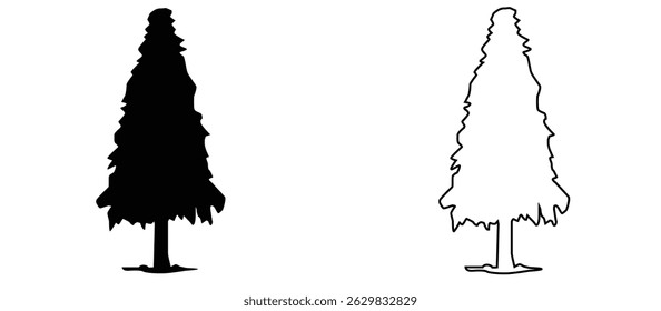black and outline tree illustration, suitable for nature themed drawing and learning to color, vector, on white background.