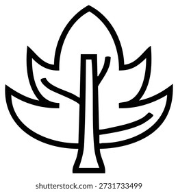 Logotipo de árbol de contorno negro mínimo con un dosel de hojas simétricas estilizadas y un simple tronco en el centro. Cuatro Pequeñas hojas flotantes rodeando el árbol. Estilo de Vector monoline limpio, trazos lisos audaces, diseño plano 2D, negro monocromo sobre fondo blanco