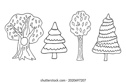 Schwarze Umrissbäume aus dem Wald auf weißem Hintergrund. Handzeichnung, Vektorgrafiken. Die Natur doodles.