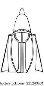 Black outline of triangle spaceship isolated on white. Aggressive form similar fighter aircraft. Vector design element.